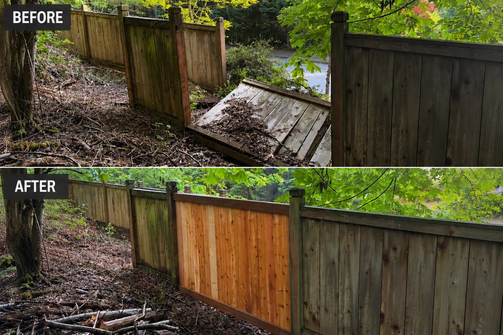 Before and after replacement of a damaged cedar fence section in Bellevue, WA
