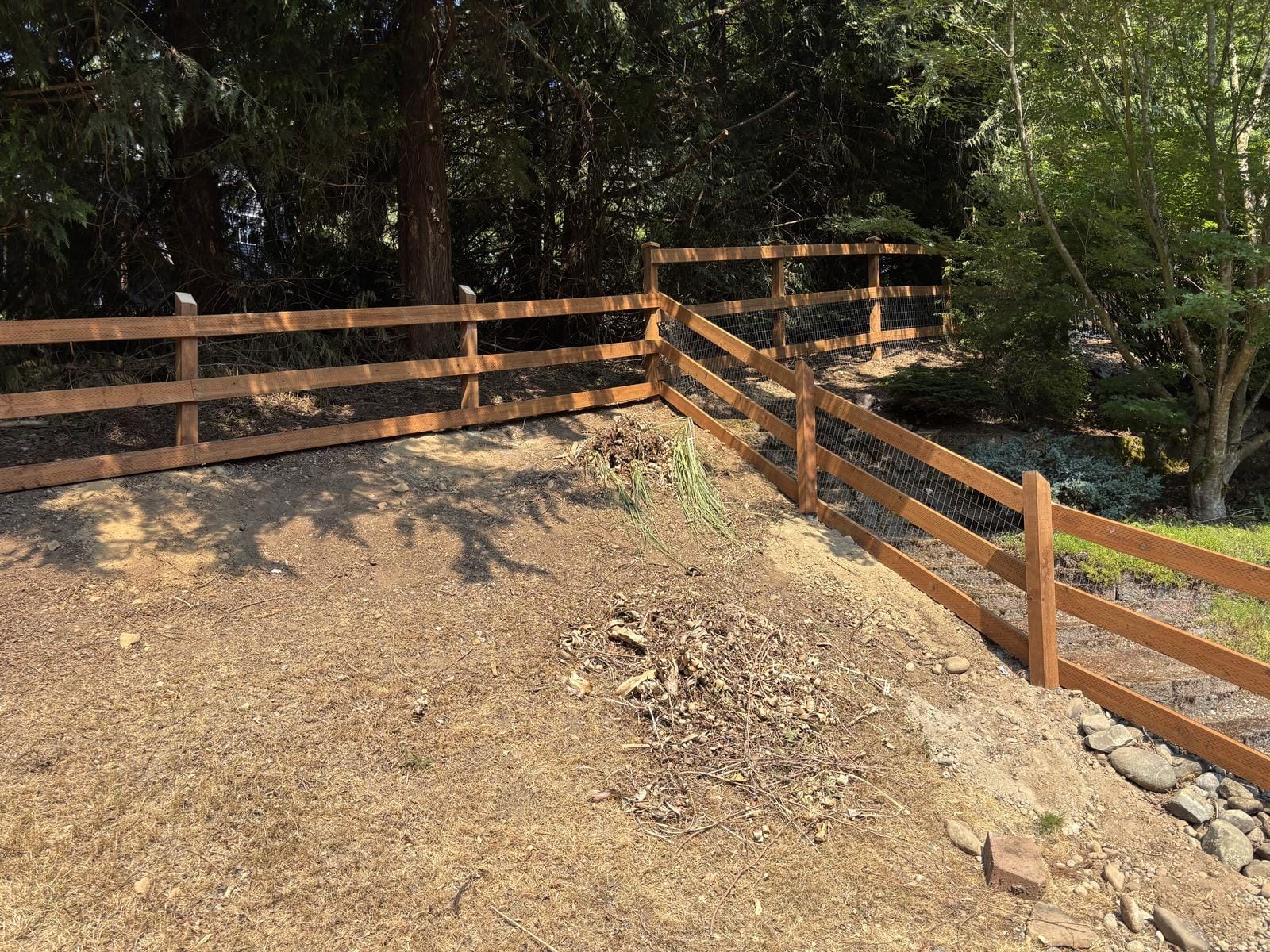 Ranch style cedar fence with hog wire on a wooded Sammamish property